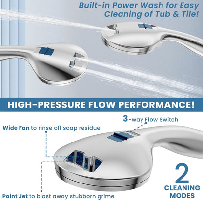 High Pressure 7 Functions Shower Head with Handheld, Built-in Power Wash for Tubs Tiles Pets Cleaning, High Pressure Handheld Shower Heads with 59" Stainless Steel Hose Adjustable Holder, Chrome