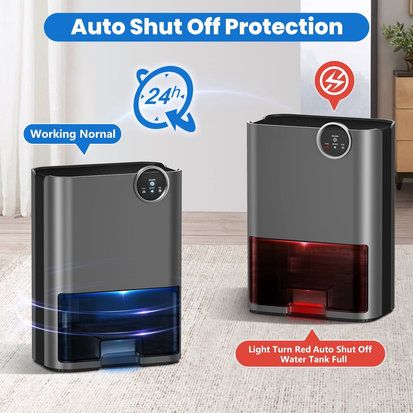 Dehumidifier for Home, 70 OZ Water Tank (500 sq ft) Auto Shut off Small Dehumidifiers for Bedroom Bathroom with 5 Colors LED Lights, Gray