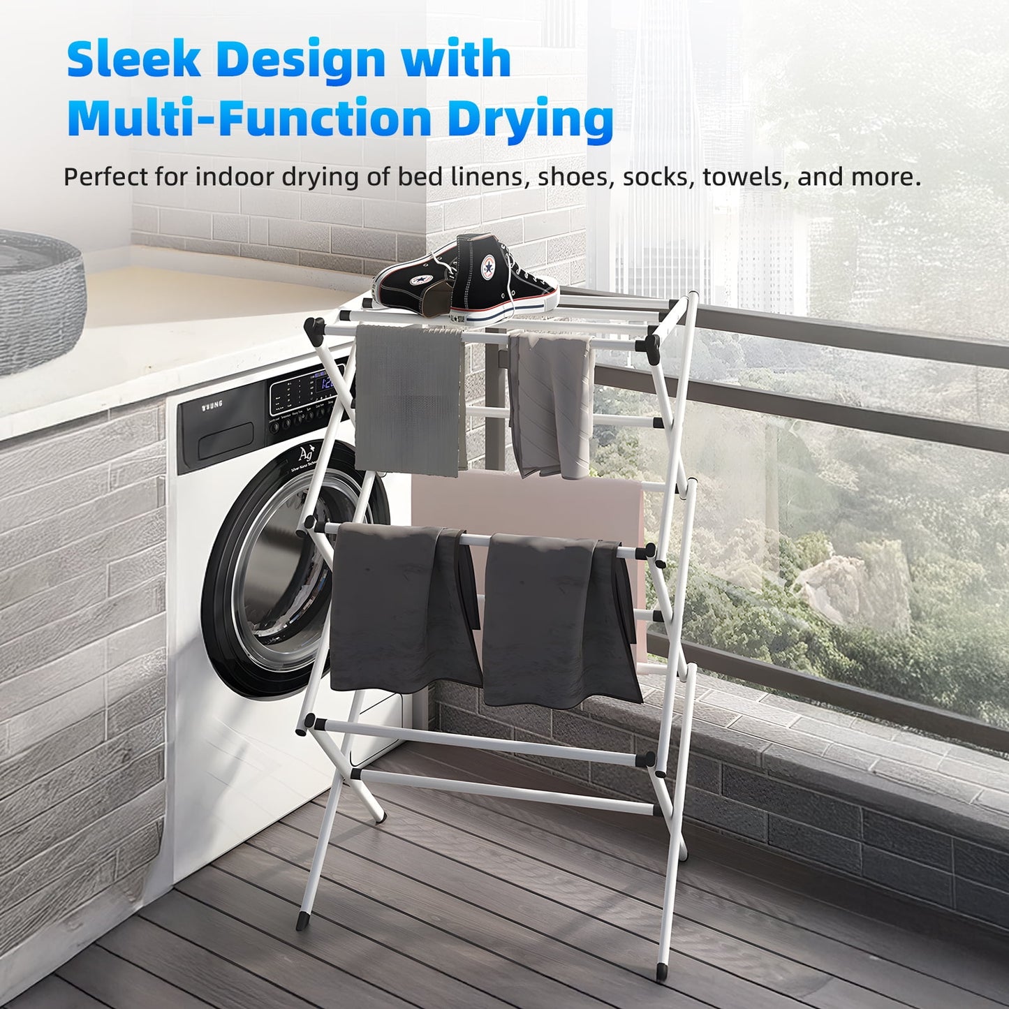 TORIO Foldable Clothes Drying Rack, Space-Saving, Durable, Adjustable, Ideal for Apartments & Dorms