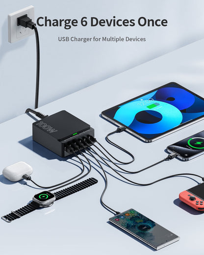 USB C Charger Block Charging Station: 100W 6 Port GaN Fast Charging Hub - Wall Charger Power Adapter Compatible for iPhone iPad Samsung Android Pixel MacBook Pro