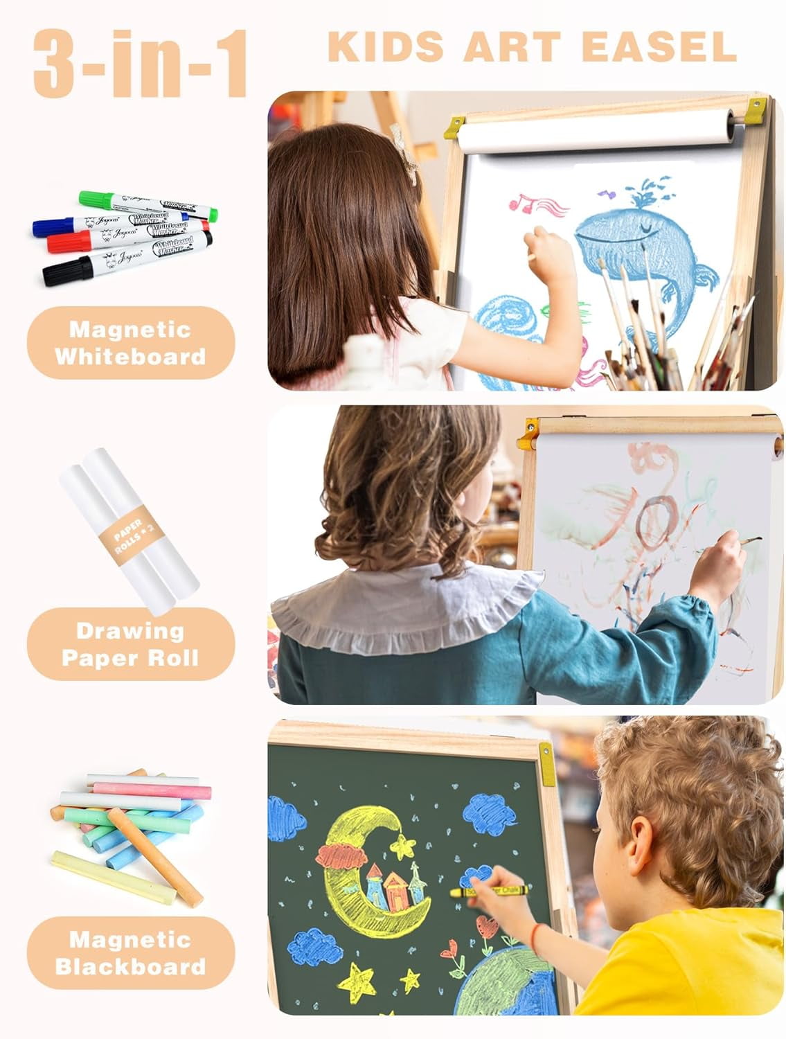 Art Easel for Kids Easel Toddler Art Easel Kids Easel with Paper roll Toddler Art Easel for Kids Dry Erase Board Art Easel for Kids Ages 4-8 Kids Easel for Painting Easel Wooden Whiteboard