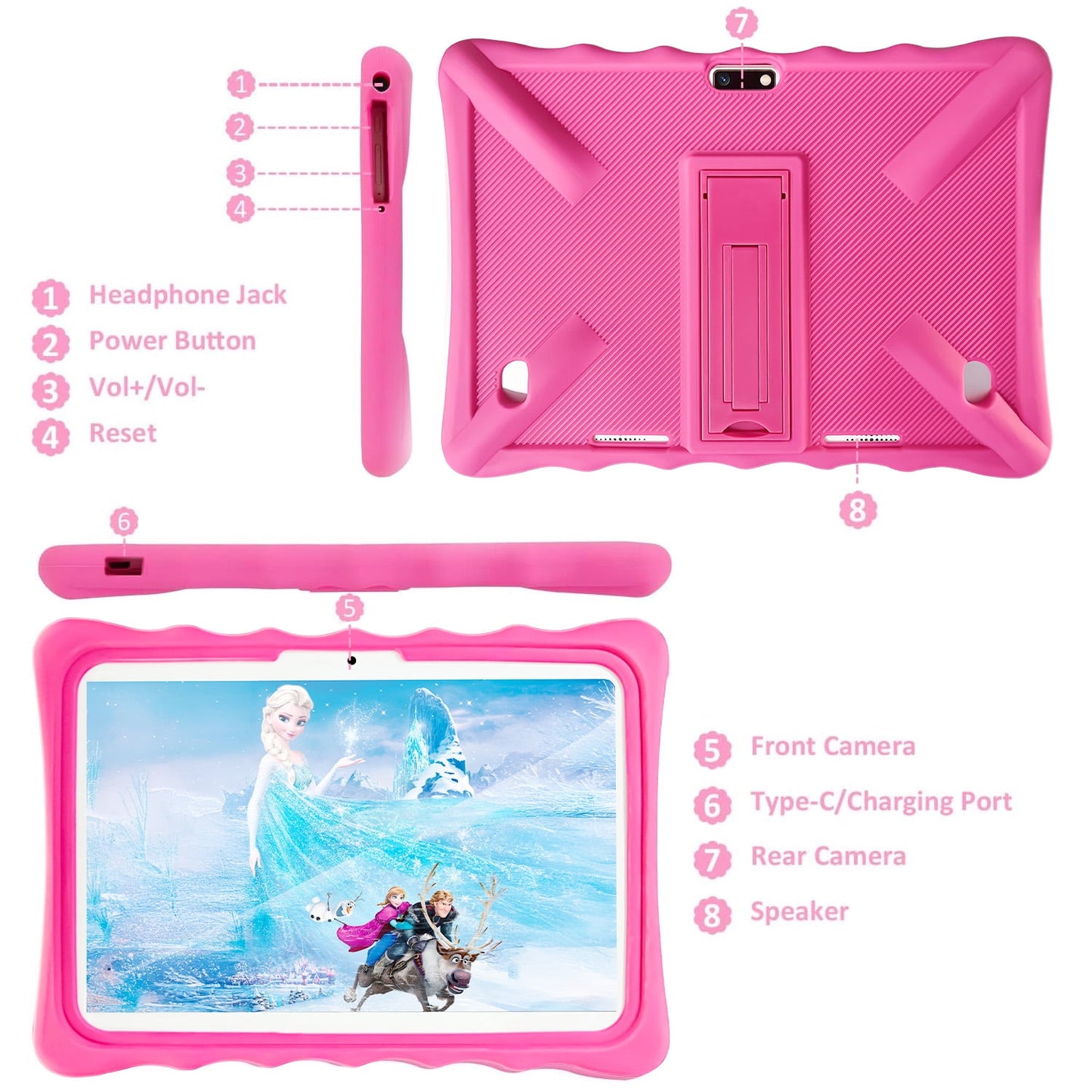 Kids Tablet - 10.1 inch Android Toddler Tablet with Bluetooth, WiFi, Parental Control, Dual Camera, GMS, WiFi, Tablet for Kids 3-7(Case Pink)