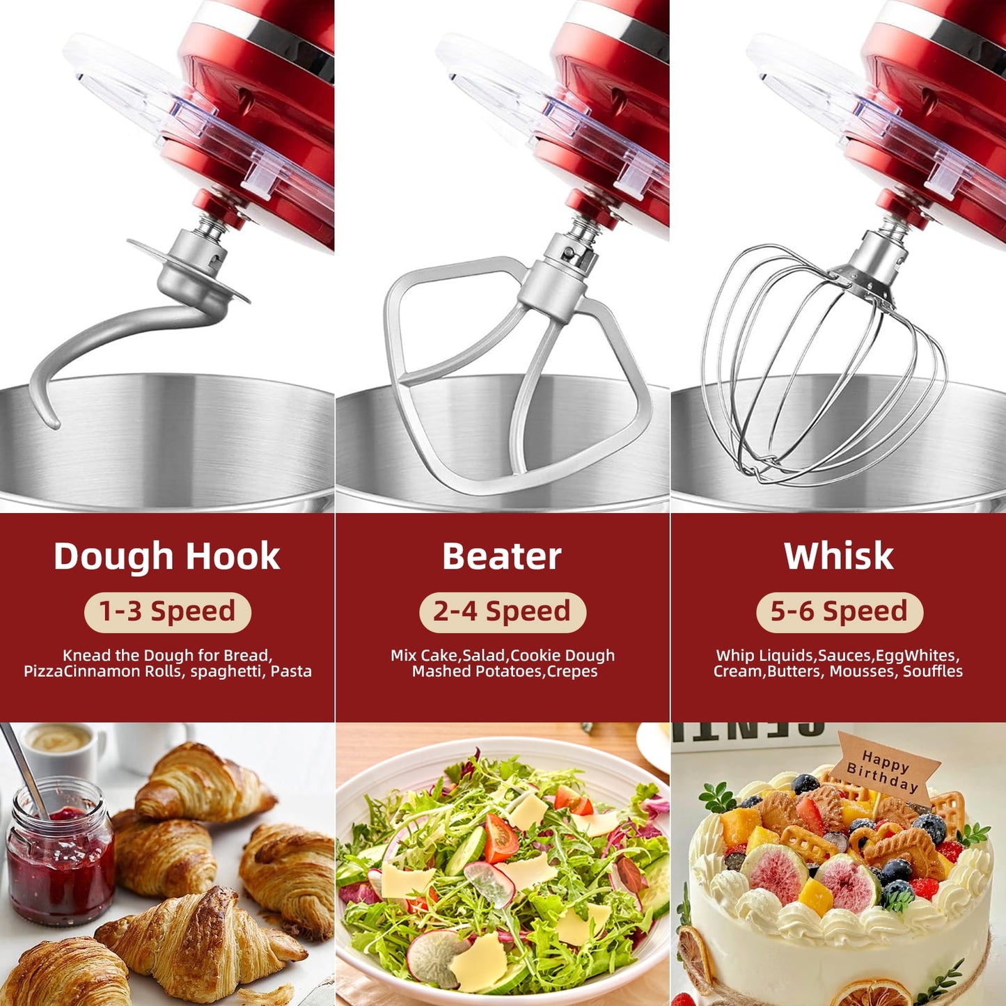 6.5 QT Electric Stand Mixer, 3-IN-1 Food Mixer, Kitchen Electric Mixer with Dough Hook, Beater, Whisk, Bowl for Most Home Cooks