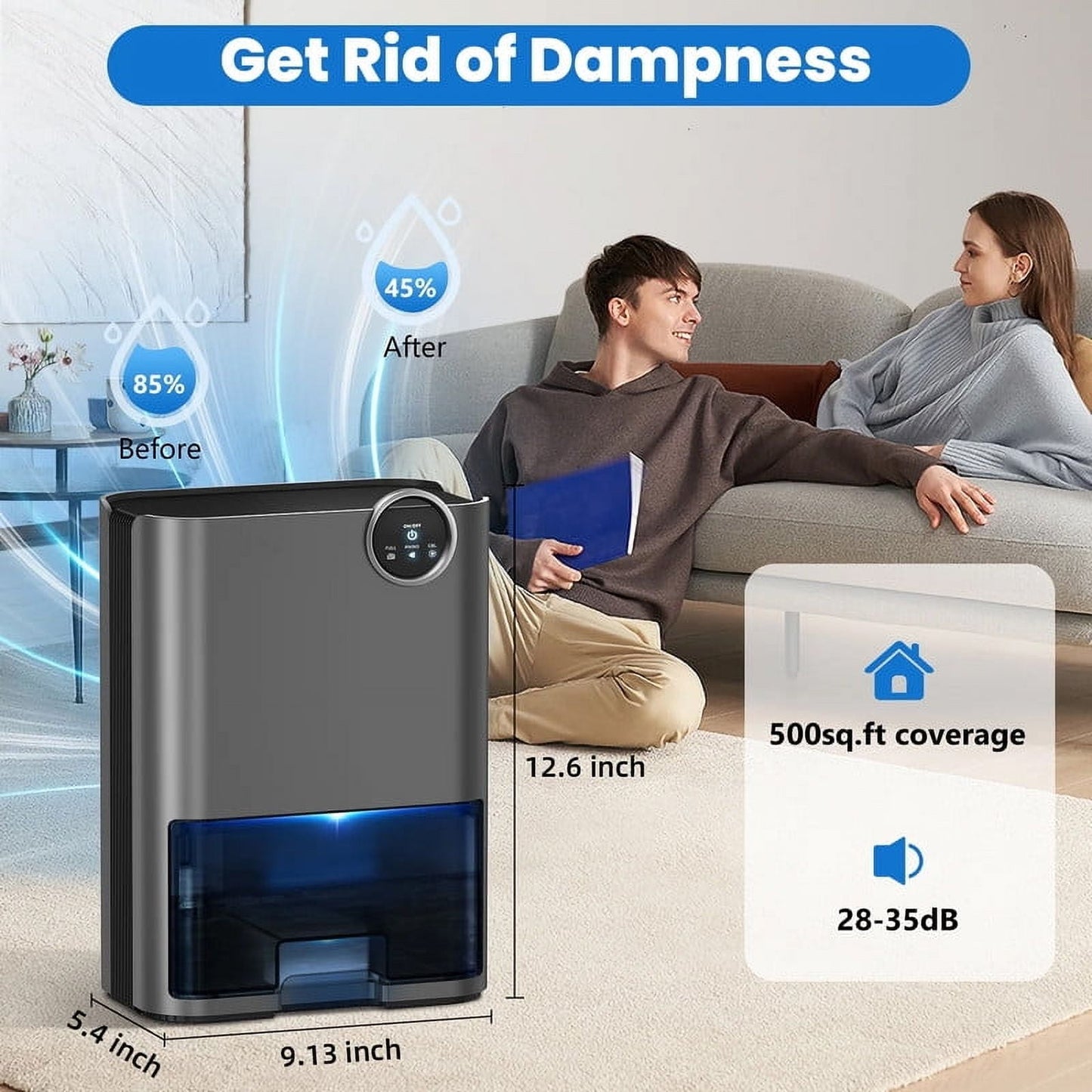 Dehumidifier for Home, 70 OZ Water Tank (500 sq ft) Auto Shut off Small Dehumidifiers for Bedroom Bathroom with 5 Colors LED Lights, Gray