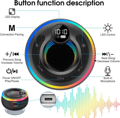 Bluetooth Speaker, HD Stereo Sound Shower Speaker, IPX7 Waterproof, Digital Display Portable Speaker with Suction Cup, LED Light, Small Wireless Speaker for Outdoor Party Beach Bathroom, Black