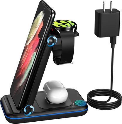 Wireless Charger for Samsung/Android, Foldable 3 in 1 Fast Charging Station/Stand/Multi Charger for Samsung S24/S23/S22/Note 20, Travel Pad for Galaxy Watch 7/6/5/4/Active 2, for Buds(Black)