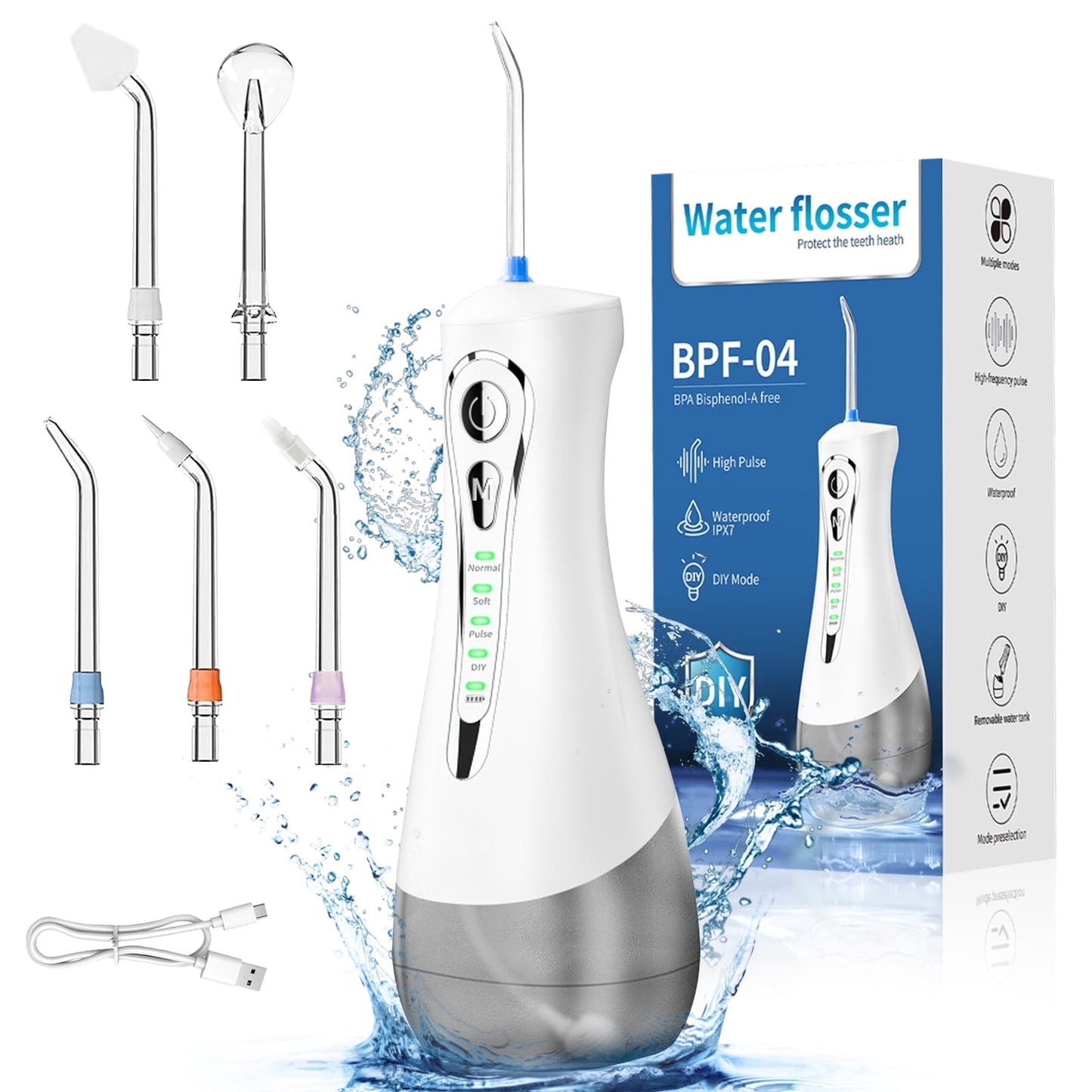 Cordless Water Flosser for Teeth - 4 Modes Dental Teeth Cleaner, Portable Irrigador Dental with 5 Jet Tips & 320ML Larger Tank for Travel, White