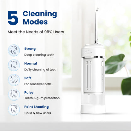 Portable Water Flosser for Teeth: Oral Irrigator Water Teeth Cleaner Pick with 5 Modes, Rechargeable 5 Jet Tips Floss Picks for Home Travel,White