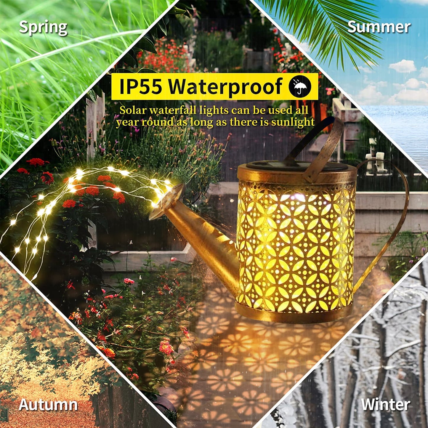 Solar Watering Can with Lights, Outdoor Waterfall Hanging LED Solar Lights for Patio Garden Lawn Yard Pathway