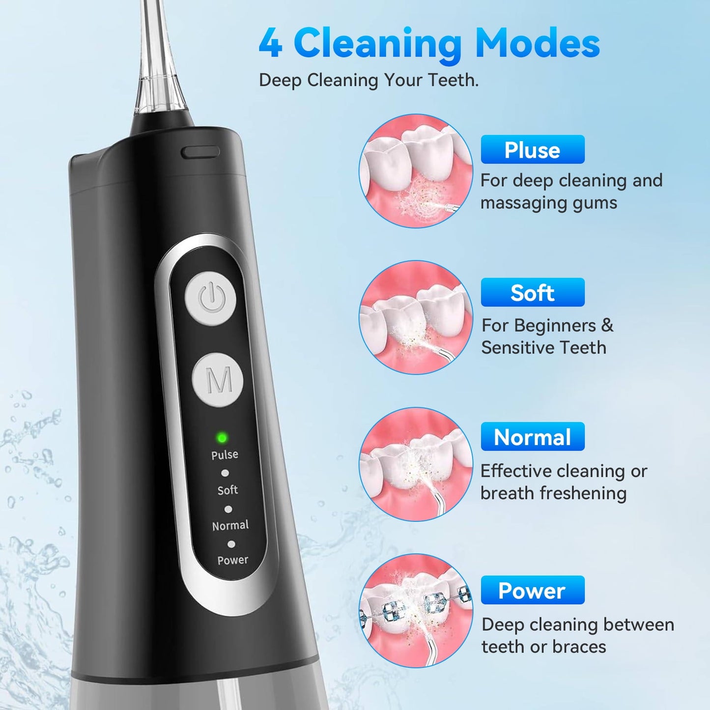 AMBLER Cordless Water Flosser for Teeth,4 Modes 4 Jet Tips Rechargeable Dental Oral Irrigator for Home and Travel (Black)