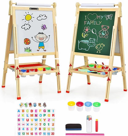 Art Easel for Kids Adjustable Standing Easel for Toddlers with Accessories, Magnetic Whiteboard & Chalkboard, Wooden Double Sided Drawing Board for Children, Beginners, Home, Classroom