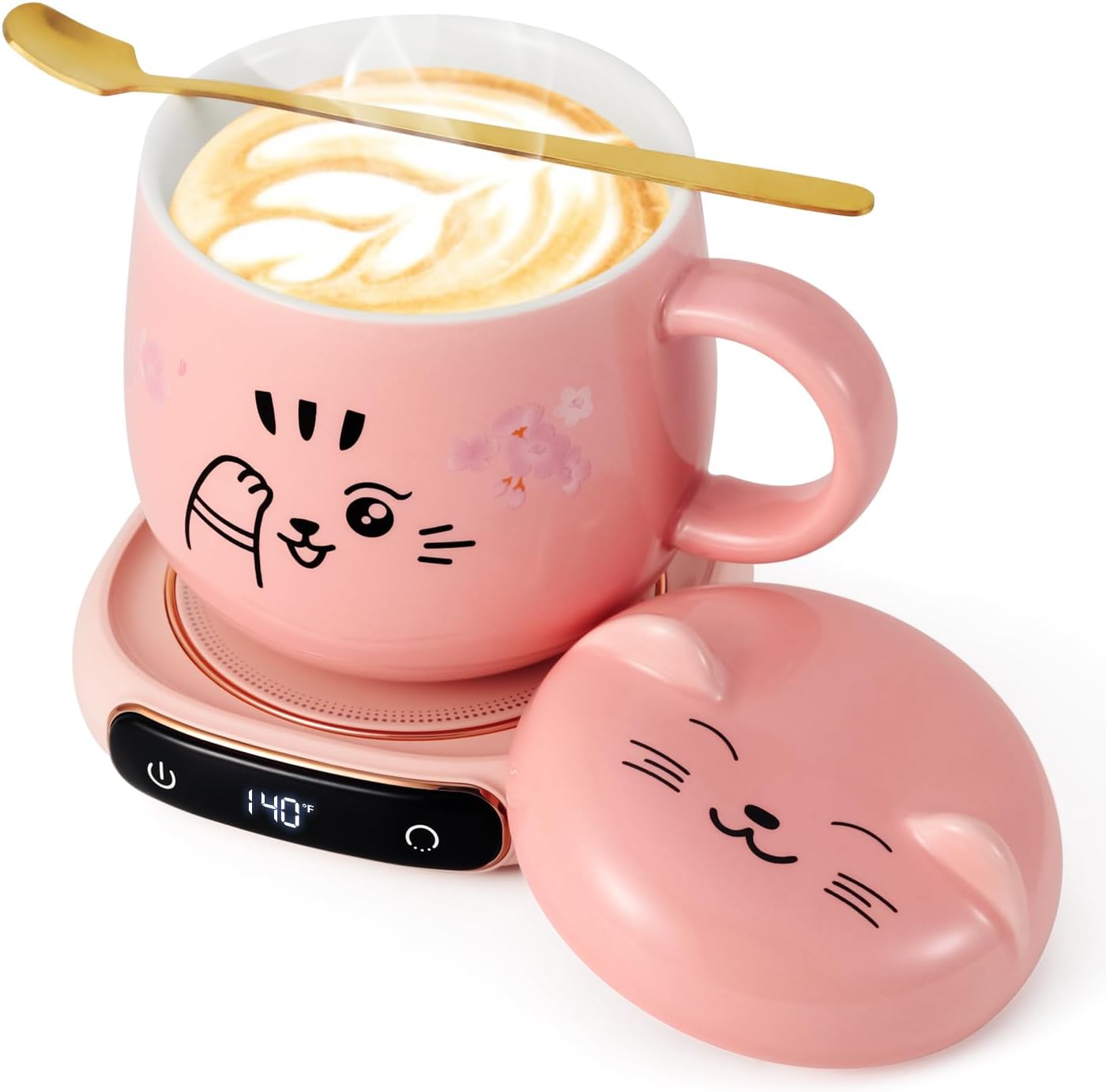 LED Display Smart Coffee Mug Warmer & Cute Cat Mug Set, Beverage Cup Warmer for Desk, Warmer Plate for Milk Tea with 3-Temperature Settings (Up to 140℉/60℃), 8 Hour Auto Shut Off, Pink