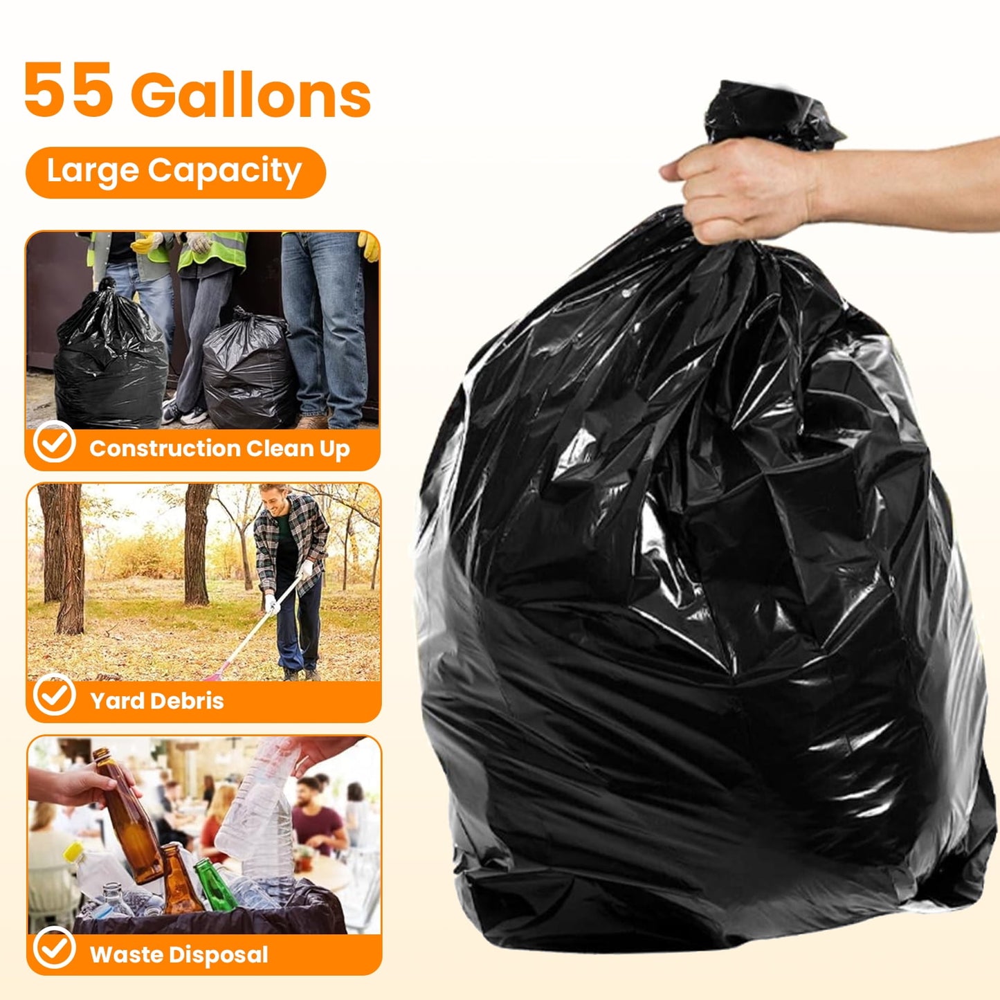 50-55 Gallon Large Trash Bags, 50 Count Heavy Duty Black Garbage Bags for Office, Waste, Lawn and Leaf, 1.5 Mil