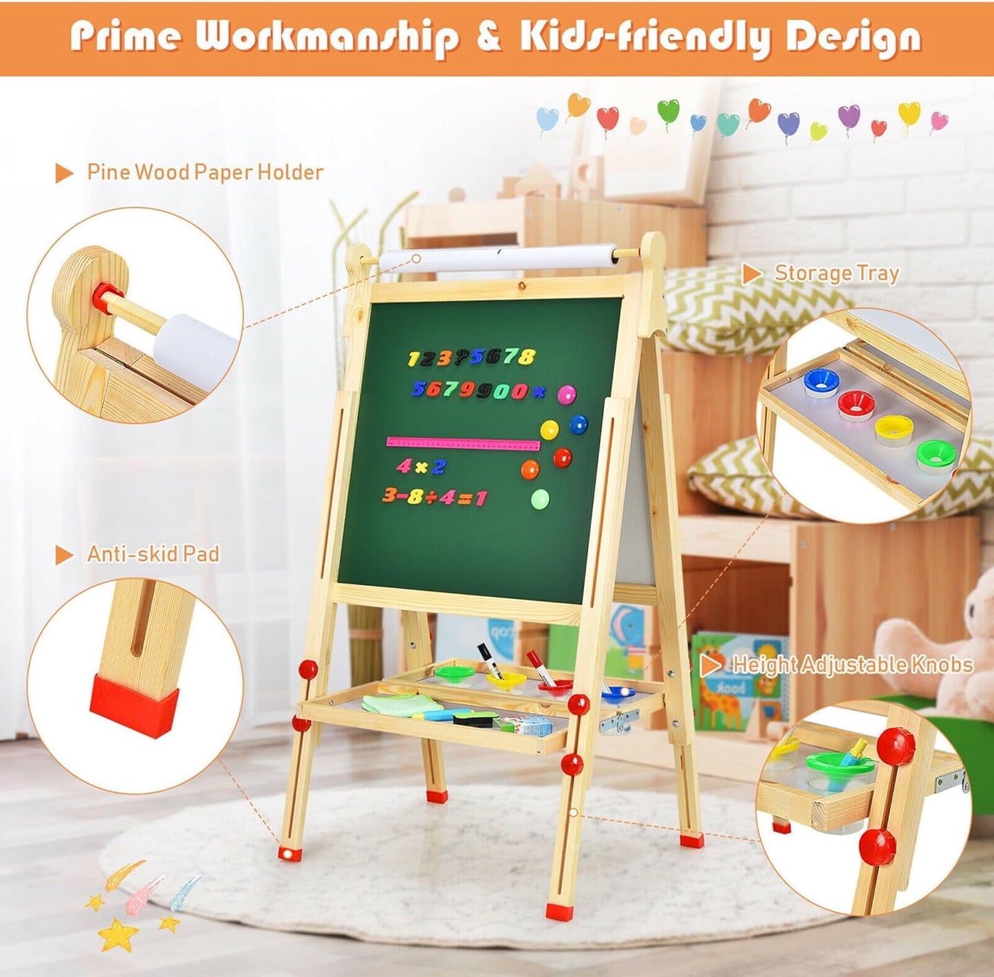 Art Easel for Kids Adjustable Standing Easel for Toddlers with Accessories, Magnetic Whiteboard & Chalkboard, Wooden Double Sided Drawing Board for Children, Beginners, Home, Classroom