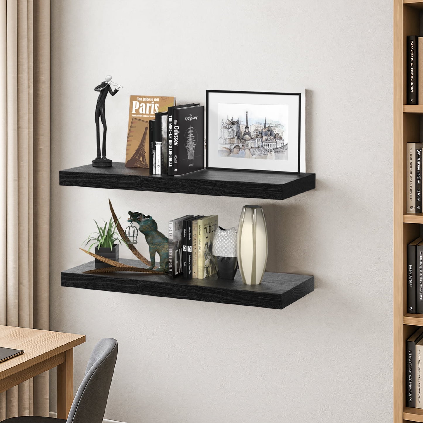 Floating Shelves for Wall, 16" Kailwokk Wood Wall Shelves, Holds 22lbs, Space-Saving for Bathroom Bedroom Kitchen(Black, Set of 2)