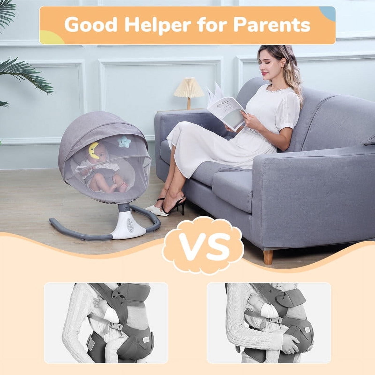 Kailwokk Electric Baby Swing for Infants, Portable Infant Swing with App Remote Bluetooth Control, 4 Sway Speeds, 12 Lullabies(Gray)
