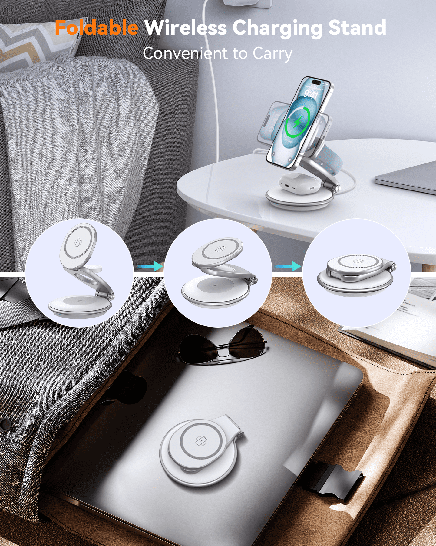 Mag-Safe Wireless Charger for iPhone: 3 in 1 Foldable Charger Station for iPhone 15/15 Pro/15 Plus/15 Pro Max/14/13/12 Series, Fast Charging for iWatch Ultra/ AirPods(White)