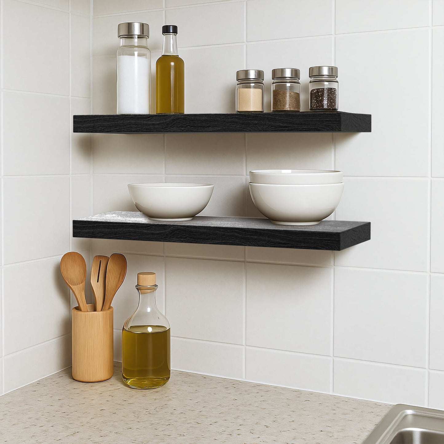 Floating Shelves for Wall, 16" Kailwokk Wood Wall Shelves, Holds 22lbs, Space-Saving for Bathroom Bedroom Kitchen(Black, Set of 2)