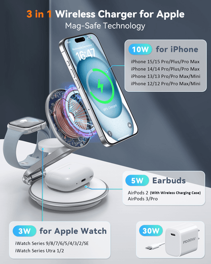 Mag-Safe Wireless Charger for iPhone: 3 in 1 Foldable Charger Station for iPhone 15/15 Pro/15 Plus/15 Pro Max/14/13/12 Series, Fast Charging for iWatch Ultra/ AirPods(White)