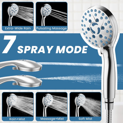 High Pressure 7 Functions Shower Head with Handheld, Built-in Power Wash for Tubs Tiles Pets Cleaning, High Pressure Handheld Shower Heads with 59" Stainless Steel Hose Adjustable Holder, Chrome