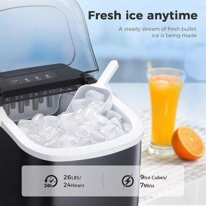 Portable Ice Maker Machine , Handle,26Lbs/24H,9 Bullet Ice/7 Mins,Self-Cleaning