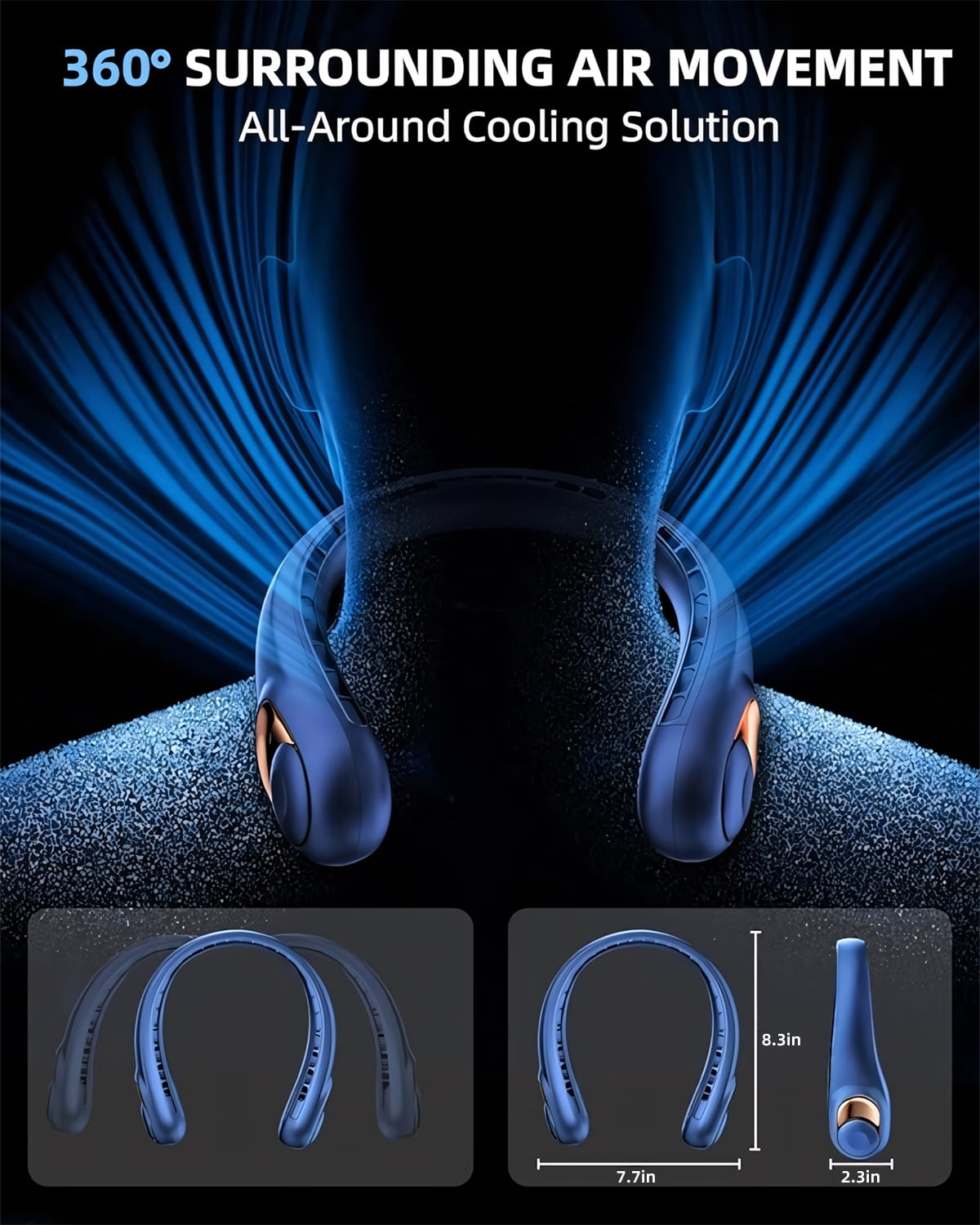 Portable Neck Fan, Hands-Free Bladeless 3 Speeds 5200 mAh Personal Fan Gift for Women Men Dad