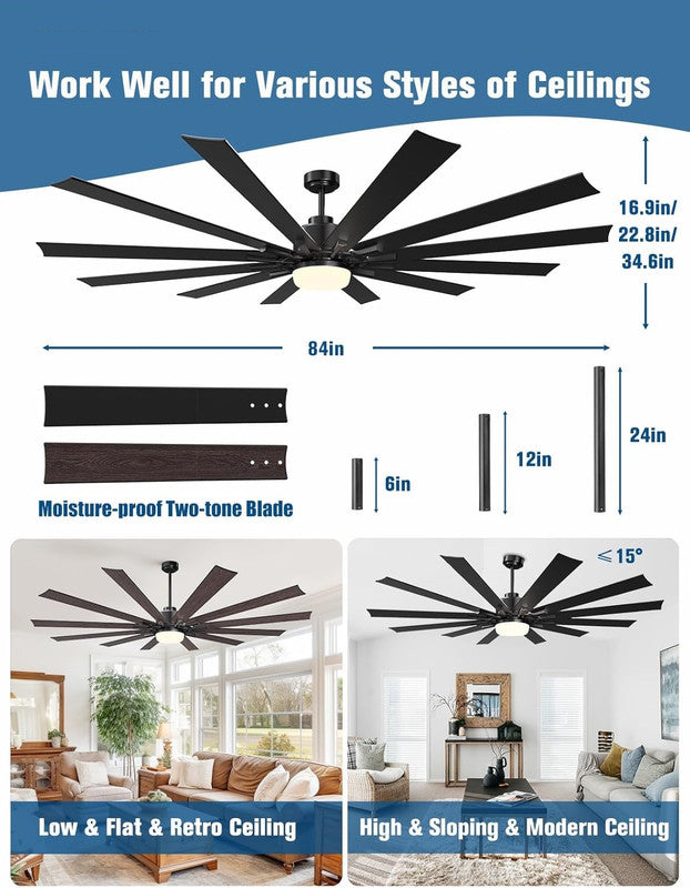 65 Inch Ceiling Fans with Lights and Remote, Black Indoor/Outdoor Ceiling Fan with Quiet Reversible DC Motor, 6 Speeds