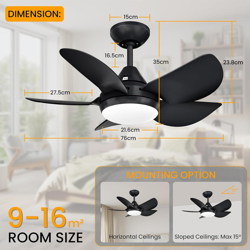 Ceiling Fans with Lights, 15.7in Black Flush Mount Fandelier Ceiling Fan with Light and Remote, 3000k-6000k Dimmable Modern Smart Bladeless Low Profile Ceiling Fan with Light for Bedroom