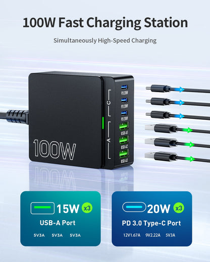 USB C Charger Block Charging Station: 100W 6 Port GaN Fast Charging Hub - Wall Charger Power Adapter Compatible for iPhone iPad Samsung Android Pixel MacBook Pro