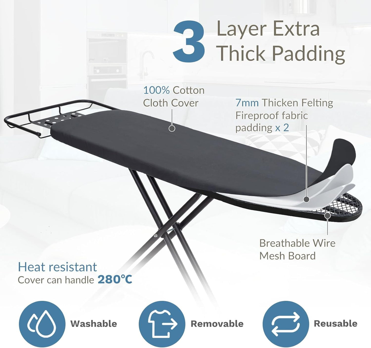 Ironing Board with Iron Rest,Heavy Duty Full Size Iron Board, Sturdy Wide Ironing Boards with Thick Padding Cover, Height-Adjustable, Stable Iron Stand