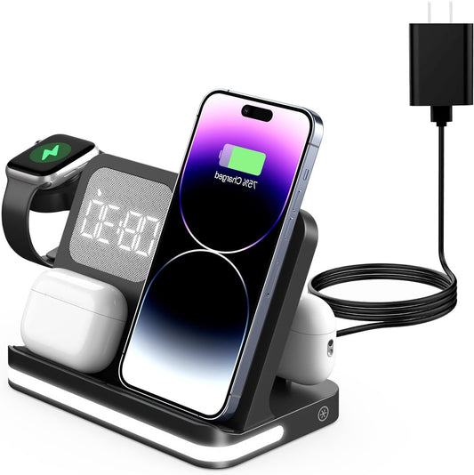 Wireless Charger, Wireless Charging Station Compatible with Multiple Devices  Fast Charging Station with Night Lamp and Clock(Black)