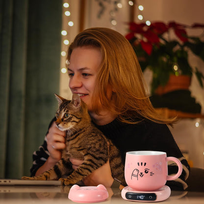 LED Display Smart Coffee Mug Warmer & Cute Cat Mug Set, Beverage Cup Warmer for Desk, Warmer Plate for Milk Tea with 3-Temperature Settings (Up to 140℉/60℃), 8 Hour Auto Shut Off, Pink