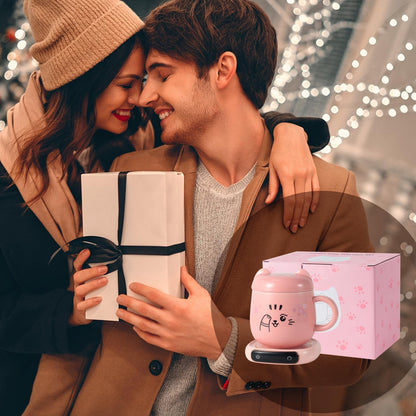 LED Display Smart Coffee Mug Warmer & Cute Cat Mug Set, Beverage Cup Warmer for Desk, Warmer Plate for Milk Tea with 3-Temperature Settings (Up to 140℉/60℃), 8 Hour Auto Shut Off, Pink