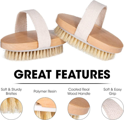 Dry Body Brush 2 Pack Natural Bristle for Dry Skin - Exfoliator Scrubber - Wet or Dry Scrub Smooth Cellulite - Stimulate Blood Flow