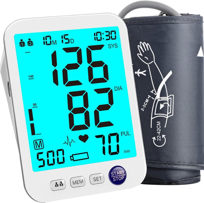 Blood Pressure Monitor Upper Arm Large LED Backlit Screen 1000 Sets Memory Automatic Digital BP Machine Adjustable