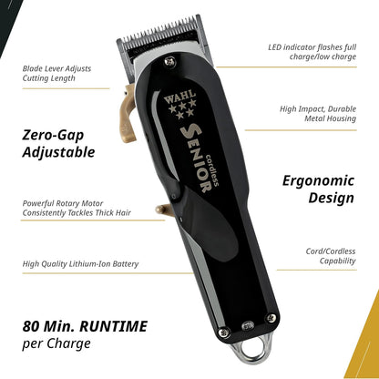 Professional Cordless Senior Clipper Precision Fade Blades Metal Housing 80 Min Runtime