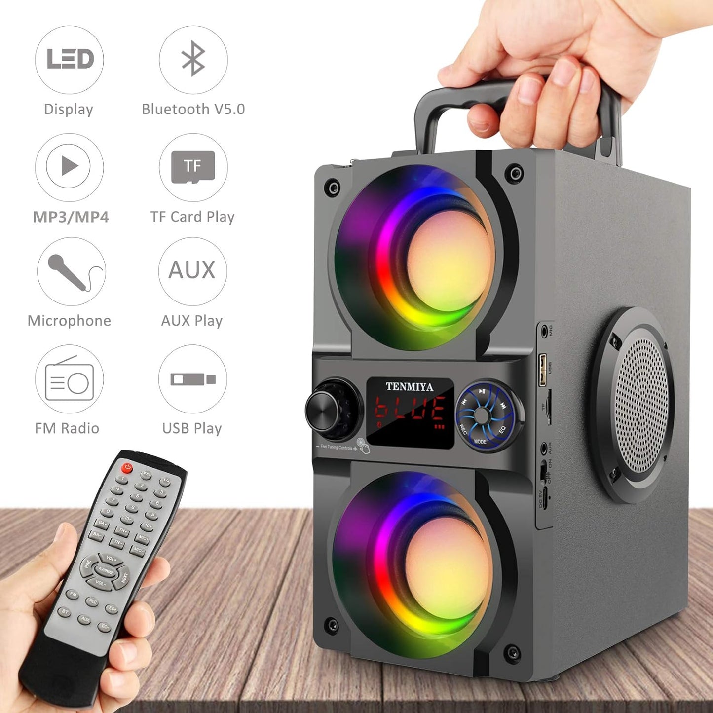 Bluetooth Speaker, 40W (60W Peak) Portable Wireless Speaker with Colorful Lights, Double Subwoofer Heavy Bass, FM Radio, MP3 Player, Loud Stereo Speaker for Home Outdoor Party Camping