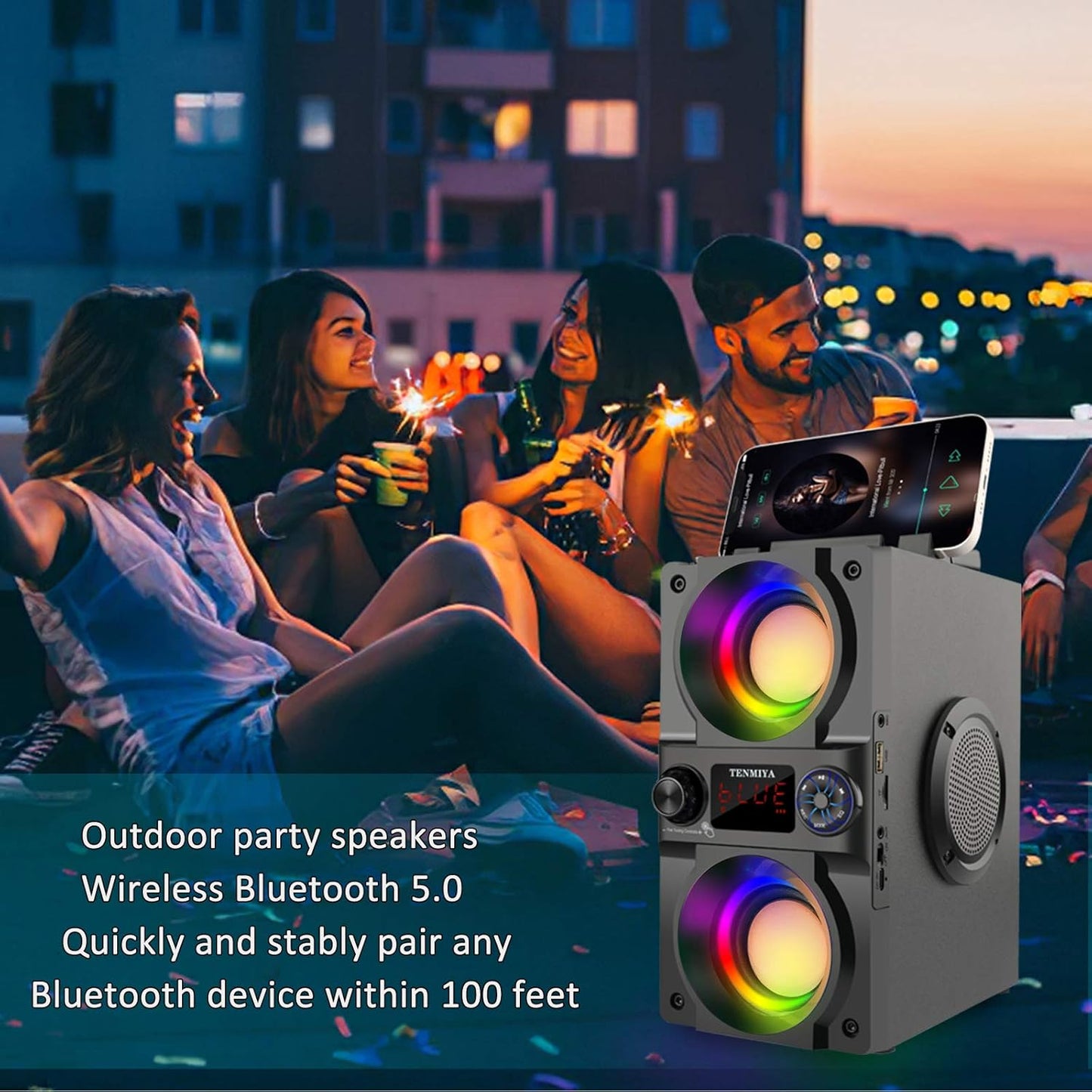 Bluetooth Speaker, 40W (60W Peak) Portable Wireless Speaker with Colorful Lights, Double Subwoofer Heavy Bass, FM Radio, MP3 Player, Loud Stereo Speaker for Home Outdoor Party Camping