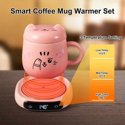 LED Display Smart Coffee Mug Warmer & Cute Cat Mug Set, Beverage Cup Warmer for Desk, Warmer Plate for Milk Tea with 3-Temperature Settings (Up to 140℉/60℃), 8 Hour Auto Shut Off, Pink