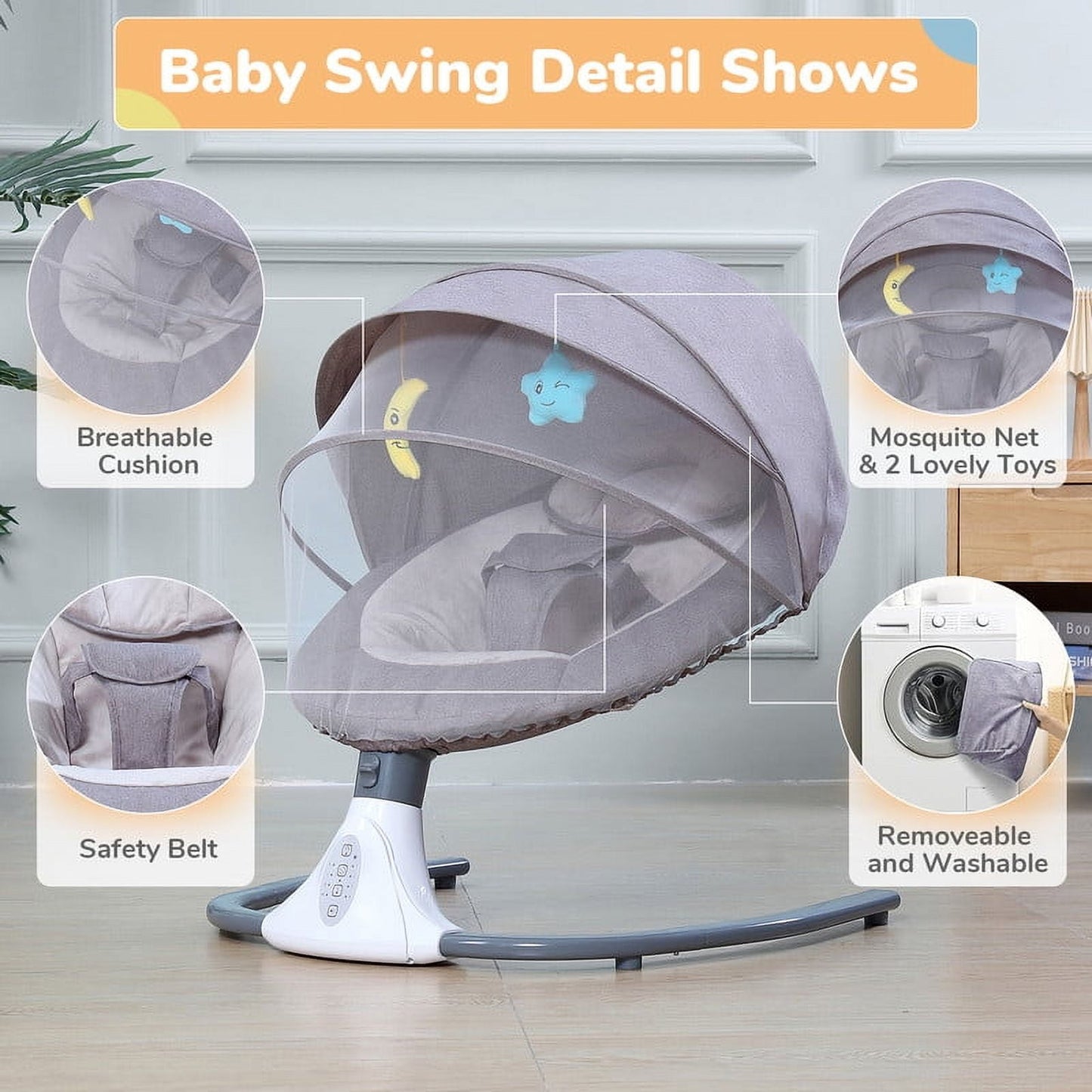 Kailwokk Electric Baby Swing for Infants, Portable Infant Swing with App Remote Bluetooth Control, 4 Sway Speeds, 12 Lullabies(Gray)