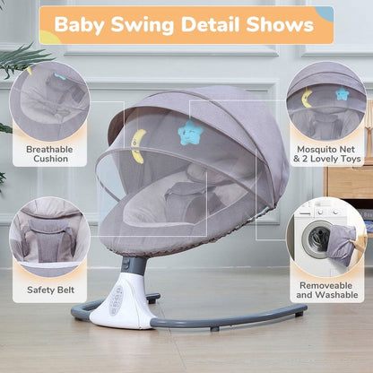 Kailwokk Electric Baby Swing for Infants, Portable Infant Swing with App Remote Bluetooth Control, 4 Sway Speeds, 12 Lullabies(Gray)