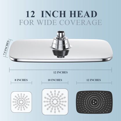 12 Inch High Pressure Rain Shower Head Combo with Adjustable Extension Arm - Wide Rainfall & 5 Spray Handheld Showerhead