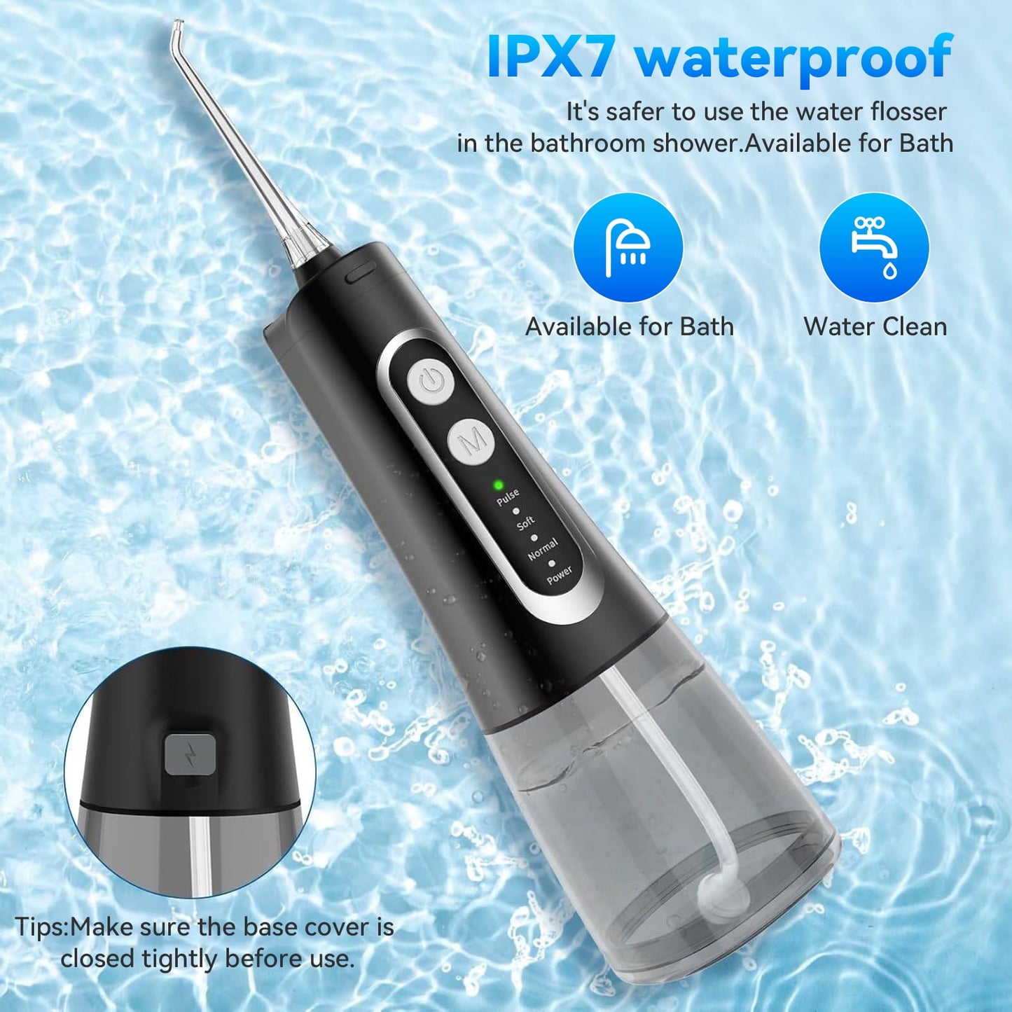 AMBLER Cordless Water Flosser for Teeth,4 Modes 4 Jet Tips Rechargeable Dental Oral Irrigator for Home and Travel (Black)