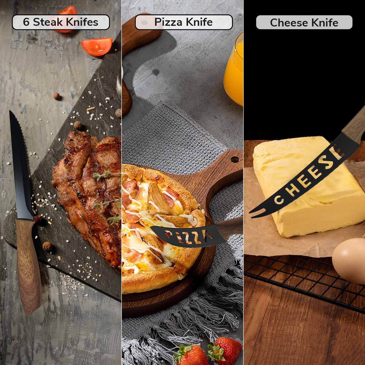 Kitchen Knife Set with Block, 19 PCS High Carbon Stainless Steel Sharp Serrated Steak Knives