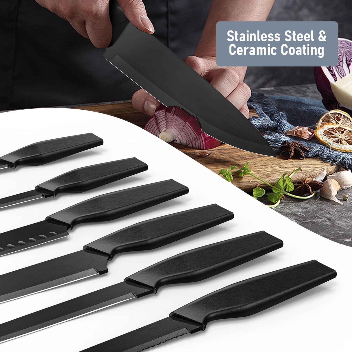 Kailwokk Kitchen Knife Set, 13 Pcs Stainless Steel Chef Knife Sets with Sharpener & 6 Blade Guards, Non-stick Coating, Dishwasher Safe, Perfect Gifts for Kitchen