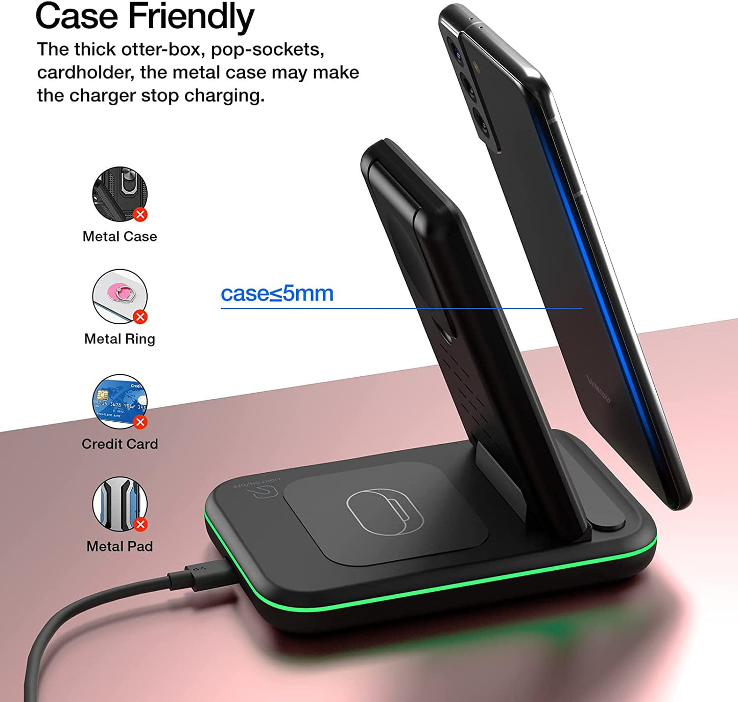 Wireless Charger for Samsung/Android, Foldable 3 in 1 Fast Charging Station/Stand/Multi Charger for Samsung S24/S23/S22/Note 20, Travel Pad for Galaxy Watch 7/6/5/4/Active 2, for Buds(Black)