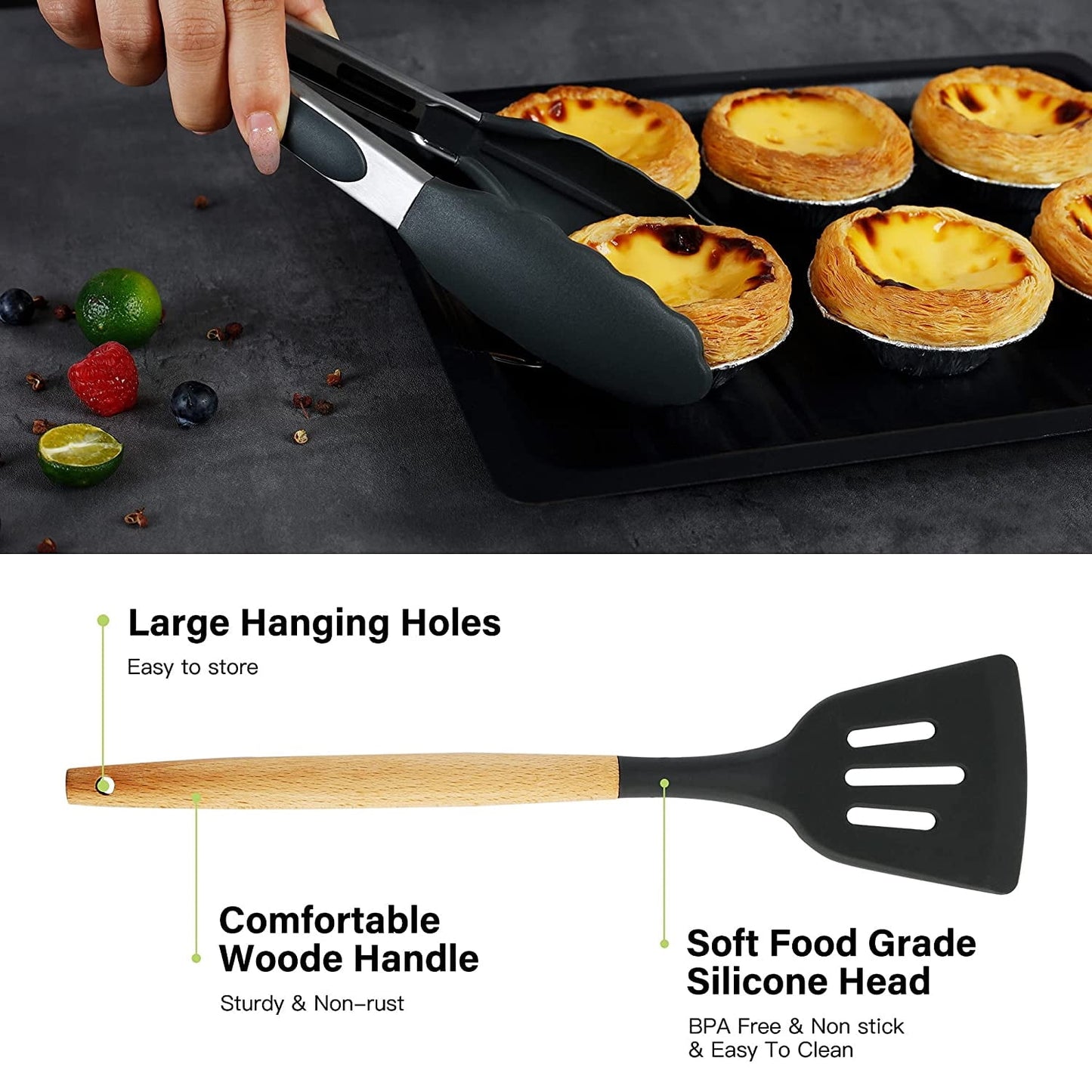 34 Silicone Cooking Utensils Set - 446°F Heat Resistant Silicone Kitchen Utensils for Cooking, Kitchen Utensil Spatula Set w Wooden Handles and Holder