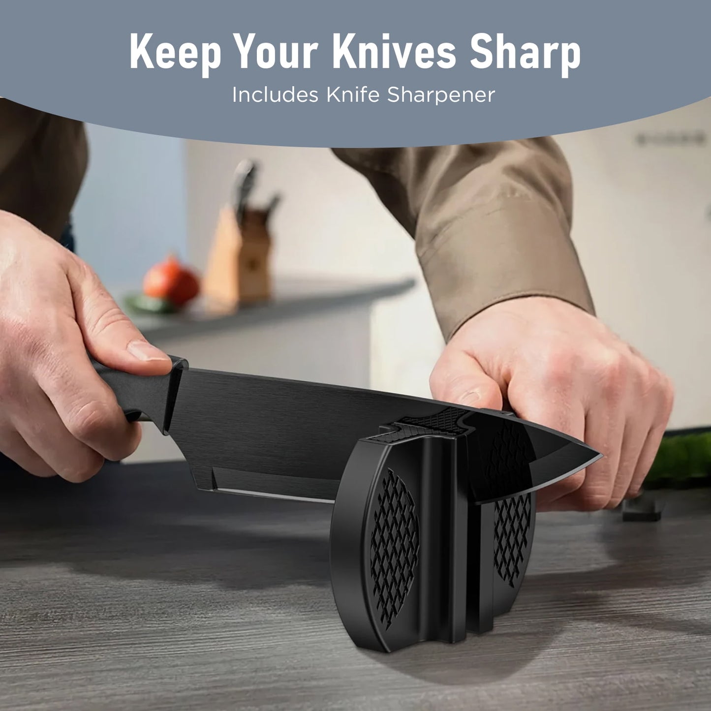 Kailwokk Kitchen Knife Set, 13 Pcs Stainless Steel Chef Knife Sets with Sharpener & 6 Blade Guards, Non-stick Coating, Dishwasher Safe, Perfect Gifts for Kitchen