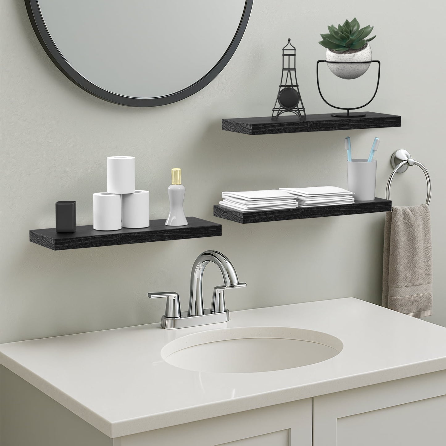Floating Shelves for Wall, 16" Kailwokk Wood Wall Shelves, Holds 22lbs, Space-Saving for Bathroom Bedroom Kitchen(Black, Set of 2)