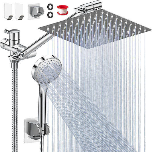 8” High Pressure Rain Shower Head with 11" Adjustable Extension Arm, 5 Settings Handheld Shower Head with 59" Hose & Holder